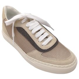 Brunello Cucinelli Beige / Blush Pink Monili Beaded Suede and Mesh Sneakers Multiple colors