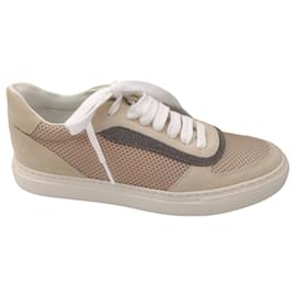 Autre Marque-Brunello Cucinelli Beige / Blush Pink Monili Beaded Suede and Mesh Sneakers-Multiple colors