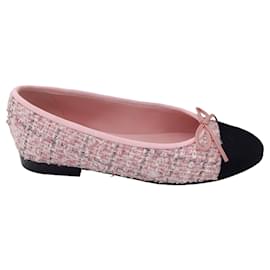 Autre Marque-Chanel Pink / Black CC Logo Grosgrain Cap Toe Bow Detail Tweed Ballet Flats-Pink