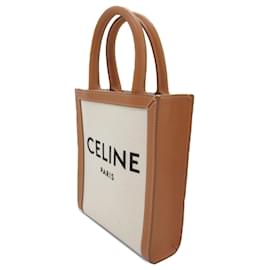Céline-Celine White Mini Canvas Vertical Cabas-Brown,White