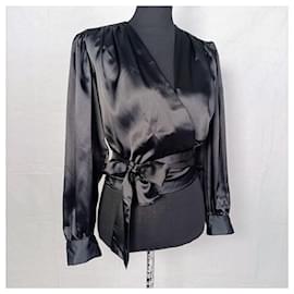 Yves Saint Laurent-Chemise en soie noire avec bande YSL vintage-Noir
