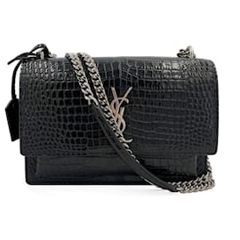 Saint Laurent-Sunset Crocodile-Embossed Leather Flap Bag Black-Black