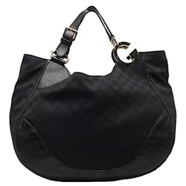 Gucci-GG Canvas & Leather Shoulder Bag in Very Good Condition-Black