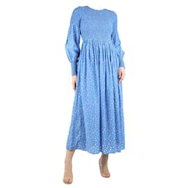 Ganni-Blue shirred floral printed midi dress - size UK 8-Blue