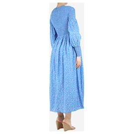 Ganni-Vestido midi franzido azul com estampa floral - tamanho Reino Unido 8-Azul