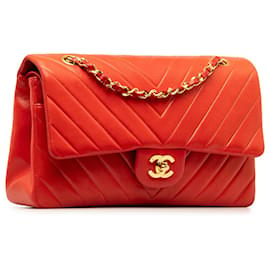 Chanel-Patta foderata in pelle di agnello Chevron rossa media Chanel-Rosso