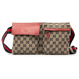 Gucci-Gucci Brown GG toile doublé poche ceinture sac-Marron,Rouge,Beige