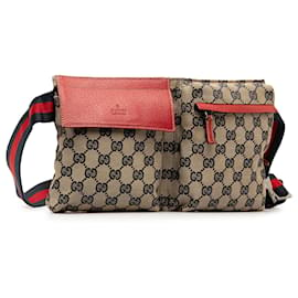 Gucci-Gucci Brown GG Canvas Web Double Pocket Belt Bag-Brown,Red,Beige