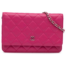 Chanel-Cartera Chanel clásica de piel de cordero rosa con cadena-Rosa