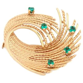 Autre Marque-NEW VINTAGE GOLD TWISTED SWIRL PIN BROOCH 18K 7G EMERALDS 0.4CT BROOCH-Golden