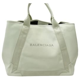 Balenciaga-NEUF SAC A MAIN BALENCIAGA 339936 NAVY CABAS CUIR CREME POCHETTE TOTE BAG-Blanc