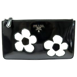 NEUF POCHETTE A MAIN PRADA 1M1152 TROUSSE FLEURS 1M1152 CUIR VERNI CLUTCH Noir