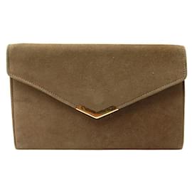 Hermès-VINTAGE HERMES HAND POUCH IN BROWN SUEDE & YELLOW GOLD 18K CIRCA 1970 Clutch-Brown