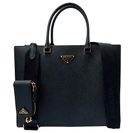 Bolsa tote grande Prada em couro Saffiano preto / muito bom Preto