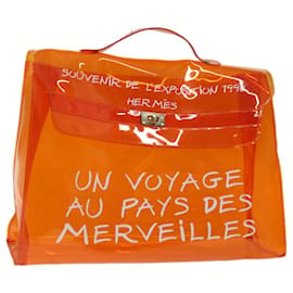 Hermès-HERMES Vinyl Kelly Hand Bag Vinyl Orange Auth 70649-Orange