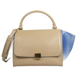 Céline-CELINE mittelgroße zweifarbige Trapez-Handtasche aus glattem Kalbsleder in Beige und Blau-Beige