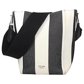 Céline-CELINE Soft Grained Small Sangle Bucket Shoulder Bag in Black and White Stripes-Black