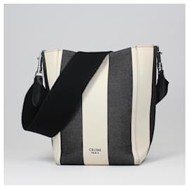 Céline-CELINE Soft Grained Small Sangle Bucket Shoulder Bag in Black and White Stripes-Black