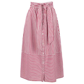 Maje-Maje Jousse Belted Striped Midi Skirt in Red and White Cotton-Red