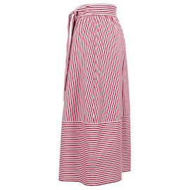 Maje-Maje Jousse Belted Striped Midi Skirt in Red and White Cotton-Red