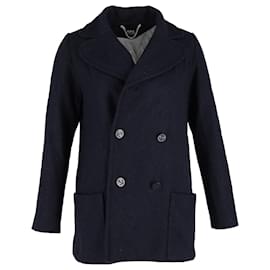 Apc-A.P.C. Double-Breasted Coat in Navy Blue Wool-Blue