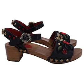Dolce & Gabbana-Dolce & Gabbana Embellished Wooden-Sole Sandals in Black Leather-Black