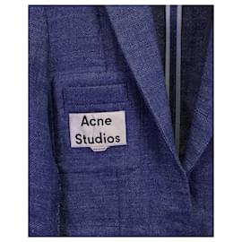 Acne-Acne Studios Blazer à patch logo en lin bleu-Bleu