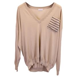 Brunello Cucinelli-Brunello Cucinelli Embellished V-neck Sweater in Beige Cashmere-Brown,Beige