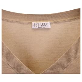 Brunello Cucinelli-Brunello Cucinelli Embellished V-neck Sweater in Beige Cashmere-Beige