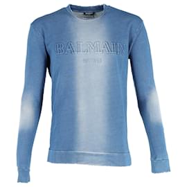 Balmain-Balmain Distressed Logo Sweater in Blue Cotton-Blue