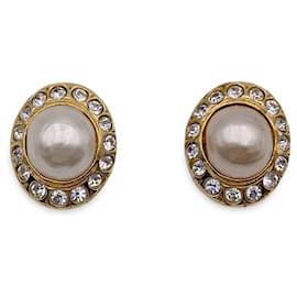 Chanel-Pendientes de clip con diamantes de imitación y perlas de imitación de metal dorado vintage-Dorado