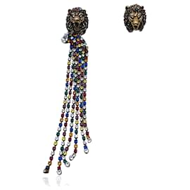 Gucci-Boucles d'oreilles asymétriques en cascade avec cristaux multicolores tête de lion-Multicolore