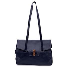 Autre Marque-Granello Vintage Blue Leather Bamboo Closure Shoulder Bag Tote-Blue