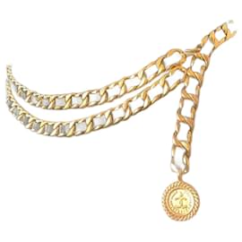 Chanel-Cinto Colar de Couro de Cordeiro Chanel Vintage com Corrente Dupla Grosseira e Medalhão-Preto,Dourado