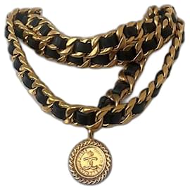 Chanel-CHANEL Vintage Chunky Double Chain Lambskin Leather Belt Necklace with Medallion-Black,Golden