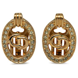 Dior-Dior Gold Rhinestone Logo Clip-On Earrings-Golden