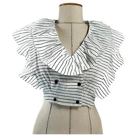 Sandro Linen Ruffle Crop Top Black and White Striped Black White