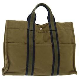 Hermès-HERMES Fourre Tout MM Hand Bag Canvas Green Navy Auth bs13665-Green,Navy blue