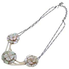 Chanel-CHANEL Camelia Shell Necklace Silver CC Auth bs13657-Silvery