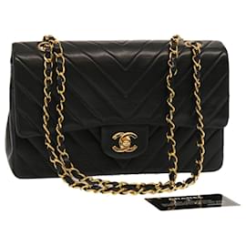 Chanel-CHANEL Turn Lock Chain V stitch Shoulder Bag Lamb Skin Black CC Auth yk11931A-Black
