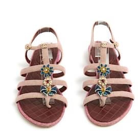 Chanel-Chanel Sandales FR38 Pink Tweed Jewelled Flats Sandals US8-Rose