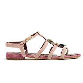 Chanel-Chanel Sandals FR38 Pink Tweed Jewelled Flats Sandals US8-Pink