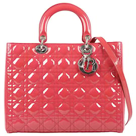 Dior-CHRISTIAN DIOR Patent Leather Large Lady Dior in Raspberry Red-Red