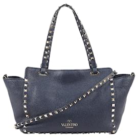Valentino Garavani-Valentino Garavani Rockstuds Leather 2Way Shoulder Bag in Navy Blue-Blue