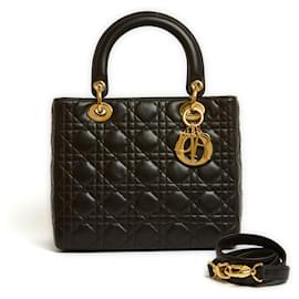 Christian Dior-Sac Lady Dior Medium Dark Brown Leather Bag strap-Marron foncé