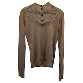 Dolce & Gabbana-Dolce & Gabbana Metallic Open-Knit Detail Sweater in Gold Acetate-Golden