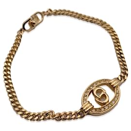 Christian Dior-Vintage Gold Metal CD Crystals Logo Chain Bracelet-Silvery