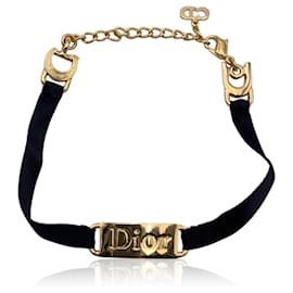 Christian Dior-Bracelet plaque logo ruban noir vintage en métal doré-Noir