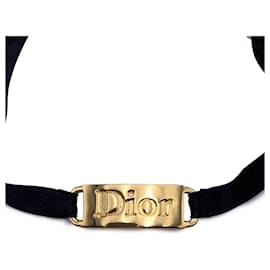 Christian Dior-Vintage-Armband mit Logo-Platte aus goldenem Metall und schwarzem Band-Schwarz