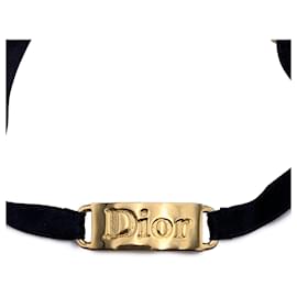 Christian Dior-Pulsera vintage con placa y logotipo de cinta negra de metal dorado-Negro
